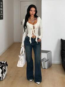 Coolane Áo croptop tay dài cổ chữ V xếp bèo dành cho nữ, phong cách đường phố mùa hè, thời trang Y2K, thích hợp cho kỳ nghỉ, lễ hội âm nhạc. - Màu be - Xem 2