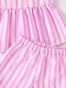 SHEIN Elladie kids 2件套女童条纹泡泡袖碎花装饰吊带背心和短裤套装，舒适透气的夏季服装 - 粉色 - 查看 6