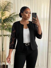 SHEIN Lady CURVE Áo khoác ngắn tay ren đen thanh lịch cỡ lớn dành cho nữ, phù hợp mặc hàng ngày, giáo viên, công sở thường ngày, văn phòng, áo đi chơi, sân bay, sang trọng, đi chơi, thời trang dạo phố dành cho nữ, quý tộc, áo cơ bản, sân bay, sân bay, phong cách Hàn Quốc, sân bay, mùa thu đông thu - màu đen - Xem 6
