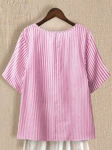 SHEIN LUNE 大码女式棉麻条纹圆领前开襟纽扣七分袖休闲度假衬衫 - 玫紅色 - 查看 2