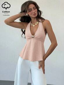 Aloruh Women's Linen Metal Decor Waist A-Line Shirt, Spring/Summer,Summer Top - Baby Pink - View 3