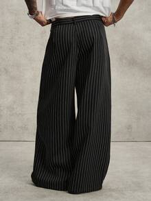 PAVTROS Pantalon rayé noir pour hommes, pantalon de costume ample et large, pantalon droit décontracté et polyvalent - Noir - Voir 2