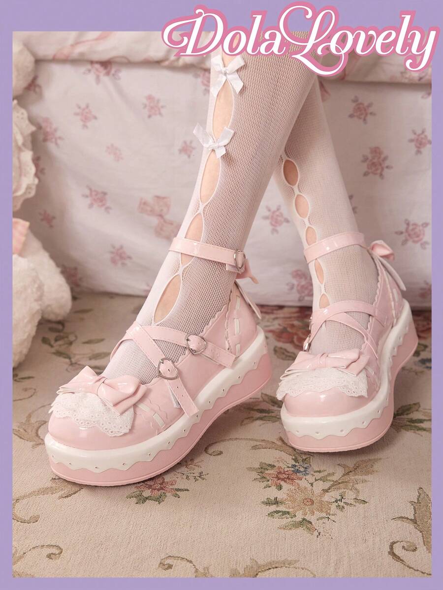 Dola Lovely Giày nữ, kiểu Mary Jane màu hồng với nơ 3D trang trí và khóa kim loại, thích hợp cho phong cách Lolita, dự tiệc sinh nhật hoặc JK Wear. - Nơ bướm màu hồng - Xem 1