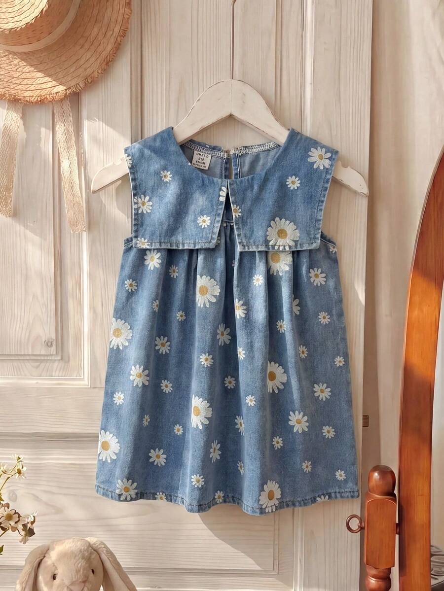 Vintaside Kids Đầm denim cổ bẻ không tay thời trang mùa hè cho bé gái, thích hợp cho du lịch, cắm trại hoặc mặc hàng ngày. - Màu xanh lam - Xem 1