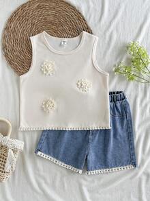 SHEIN Vintaside Kids 女童夏季圆领无袖简约休闲百搭背心搭配时尚百搭休闲水洗牛仔短裤套装，适合旅行、度假或日常休闲参加家庭聚会。 - 杏色 - 查看 4