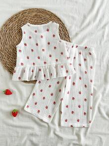 Vintaside Kids 女婴夏季无袖圆领休闲简约草莓数码印花上衣搭配同款草莓数码印花长裤套装，适合外出、散步、旅行、度假和聚会。 - 白色 - 查看 2