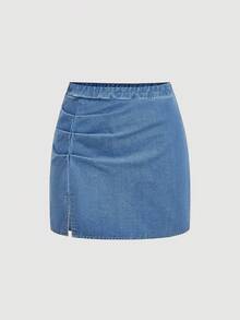 SHEIN MOD Chân váy ngắn denim xếp ly kiểu dáng thường ngày dành cho nữ, thích hợp cho việc đi làm hàng ngày vào mùa hè. - Màu xanh lam - Xem 1
