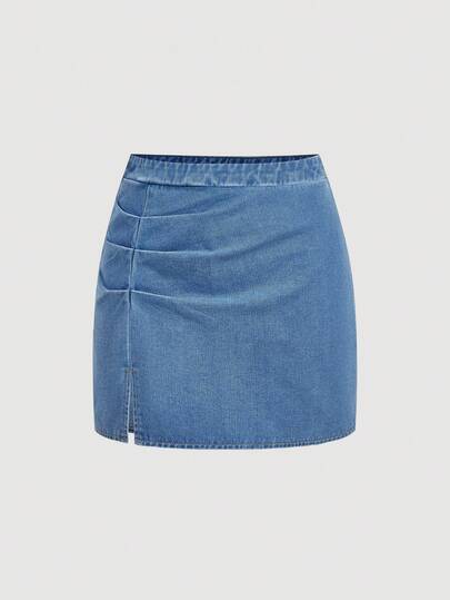 SHEIN MOD 女士休闲百褶牛仔迷你裙，适合夏季日常通勤