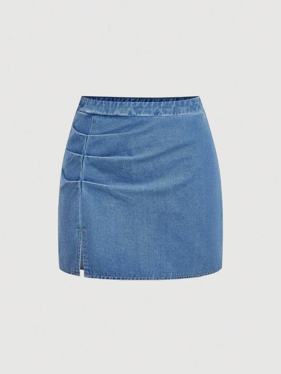 SHEIN MOD Chân váy ngắn denim xếp ly kiểu dáng thường ngày dành cho nữ, thích hợp cho việc đi làm hàng ngày vào mùa hè. - Màu xanh lam - Xem 1