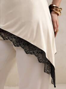 Elegantrix Plus Size Women's Elegant French Style Commuting & Dating Matching Waist Cinched Asymmetric Lace Patchwork Round Neck T-Shirt, Spring/Summer - Beige - View 5