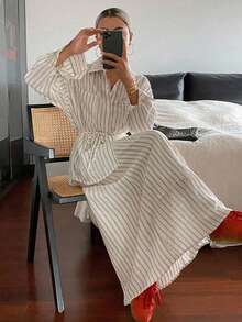 Livesso 女士休闲条纹衬衫和裙子两件套 - 白色 - 查看 6