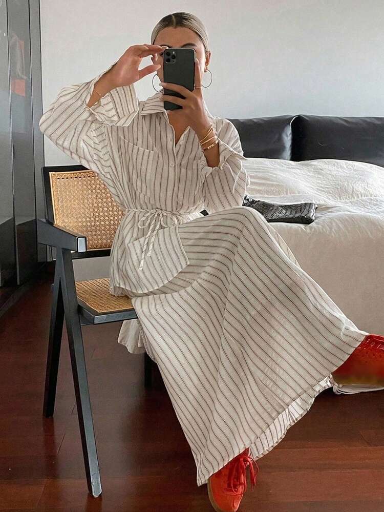 Livesso 女士休闲条纹衬衫和裙子两件套 - 白色 - 查看 6
