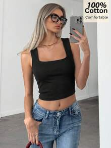 Siren Gaze Áo tank top nữ cổ vuông, kiểu dáng thường ngày, màu trơn, đa năng. - màu đen - Xem 7