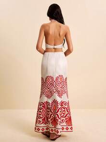 SURIMA Đầm ôm dáng ngắn cho nữ, cổ yếm, sát nách, eo ngắn, họa tiết in màu hồng nhạt và đỏ, phong cách du lịch xuân/hè - Nhiều màu - Xem 2