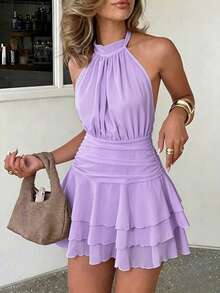 PariChic Vestido elegante y romántico de cuello halter, cintura ajustada, vestido corto con volantes plisados en albaricoque y blanco, nuevo vestido de primavera/verano, vestido para cita de - Púrpura malva - Ver 3