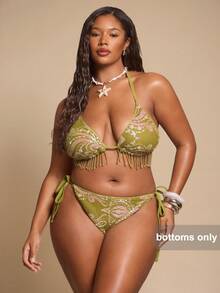 SHEIN BAE CURVE 夏季海灘度假泳裝 大尺碼女款綠色性感亮片比基尼泳褲 海灘風 - 綠色 - 查看 1