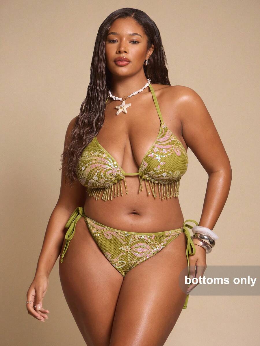 SHEIN BAE CURVE 夏季海灘度假泳裝 大尺碼女款綠色性感亮片比基尼泳褲 海灘風 - 綠色 - 查看 1