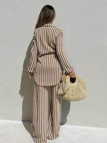 Áo khoác ngoài dáng kimono cổ bẻ màu xanh trắng kẻ sọc jacquard dành cho nữ, thương hiệu Swim SXY-D, thích hợp cho mùa xuân/hè, chất liệu vải jacquard. - Nhiều màu - Xem 2