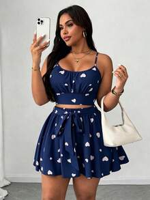 SHEIN Unity Bộ đồ hai mảnh đa năng dành cho nữ cỡ lớn, gồm áo hai dây in hình trái tim thanh lịch, hở lưng, thắt eo kiểu cánh bướm, dáng chữ A, phù hợp cho đi biển, dự tiệc, lễ hội âm nhạc, mùa xuân/hè. - Xanh và trắng - Xem 4
