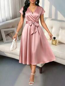 SHEIN Lady Đầm hồng thanh lịch cổ chữ V chéo tay ngắn dành cho nữ - Hồng - Xem 3