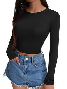 EMERY ROSE Camiseta corta sólida. Camiseta de manga larga para mujeres - Negro - Ver 4