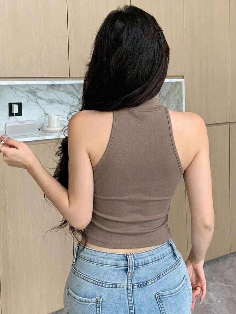 Women Solid Color Mandarin Collar Sleeveless Camisole