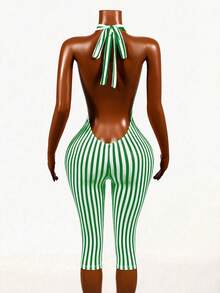 Mistrie Striped Contrast Print Cold Shoulder Backless Halter Design Capri Pants, Casual Sporty Sexy Daily Holiday Spring/Summer Knit Jumpsuit For Women - Green - View 2