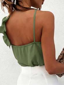 EMERY ROSE Women's Sweet V-Neck Ruffle Trim Sexy Backless Camisole - Army Green - View 2