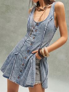 Bohemela Đầm denim không tay dáng rộng, màu trơn, gấu quần rách, kiểu dáng thường ngày, cỡ lớn. - Rửa nhẹ - Xem 3