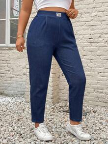 SHEIN PETITE CURVE 大码休闲简约印花口袋裤，适合日常穿着、春季、情人节、毕业典礼、通勤、上学、聚会、休闲和正式场合。 - 藍色 - 查看 8
