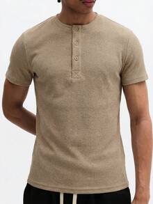 SUMWON Áo Henley tay ngắn gân sọc, thoải mái, thích hợp mặc hàng ngày, mùa xuân hè. - Màu Khaki - Xem 5