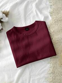 Tseoso 1pc Solid Form Fitted Tee, 95% Cotton, Deep Burgundy, Suitable For Summer,Summer Top - Burgundy - View 9