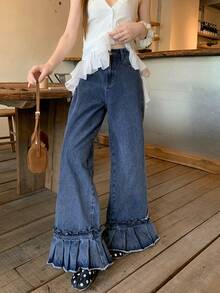 DAZY Quần jeans nữ kiểu Hàn Quốc dáng suông, có bèo nhún. - Màu xanh lam - Xem 6