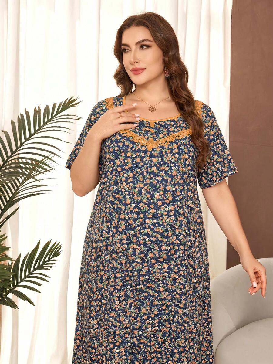 Lacomfia Plus Size Ditsy Floral Short Sleeve Ruffle Hem Casual Maxi Dress - Navy Blue - View 1