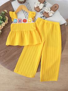 SHEIN Genkimix Kids Bộ đồ đôi 2 món cho bé gái: áo tay ngắn cổ bẻ và quần dài, kiểu dáng thường ngày. - Màu vàng - Xem 1