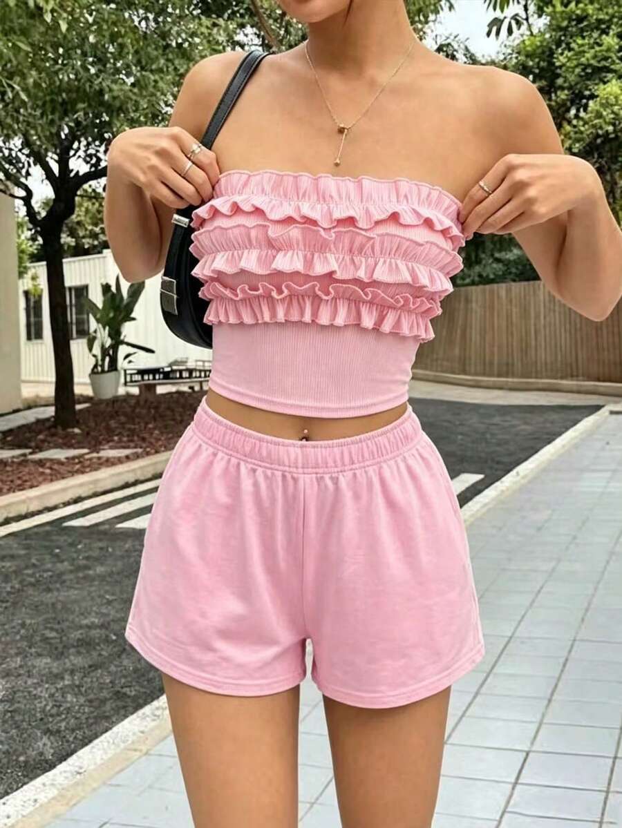 Roelina Áo quây nữ viền bèo - Hồng - Xem 1