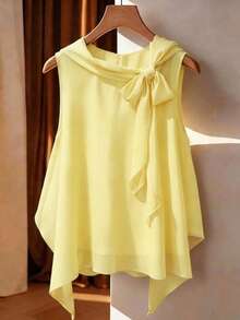 Franclia Plus Size Asymmetrical Hem Bowknot Sleeveless Chiffon Blouse, Fashion Resort Style, Spring/Summer - Yellow - View 1