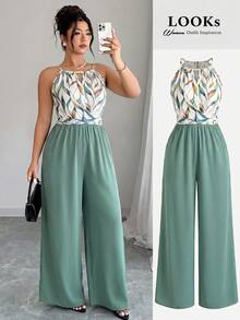 SHEIN LUNE Plus Size Women's Elegant Wrap-Around Tie-Waist Striped Contrast Color Loose Straight Leg Jumpsuit, Spring/Summer - Multicolor - View 1