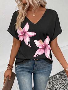 Selamara Floral Print V-Neck T-Shirt, Rolled Short Sleeve Casual Top For Women - Multicolor - View 5