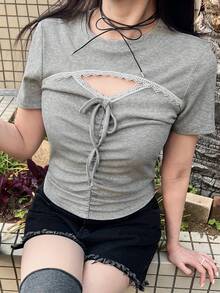 FRIFUL Camiseta de mujer de verano de unicolor con cuello redondo, manga corta, cordón, plisada y con encaje de contraste - Gris - Ver 7