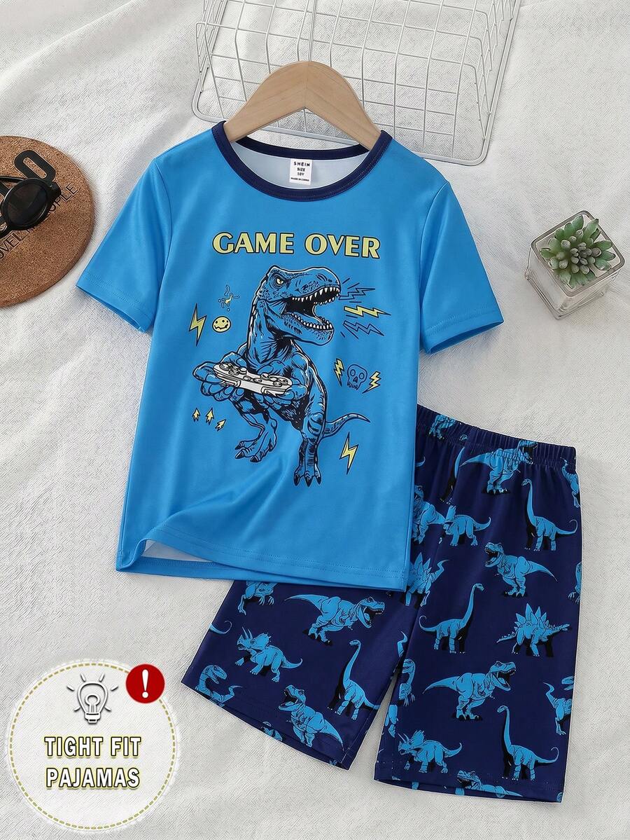 2pcs/Set Tween Boy Navy Blue Summer Cute Home Wear Night Dinosaur Game Print Round Neck Short Sleeve Top Paired With Shorts,Snug Fit Knitted Fabric - Blue - View 1