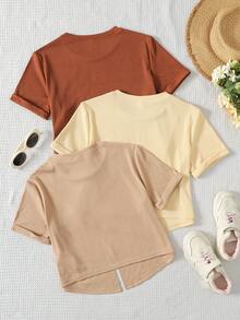 SHEIN 儿童/少女6件套惊喜盲盒，随机发货3件，时尚罗纹纯色卡其色咖啡色圆领露脐扭结休闲T恤 - 彩色 - 查看 2