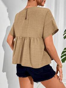 SHEIN Essnce 女士休闲荷叶边下摆衬衫，夏季百搭日常穿搭 - 卡其色 - 查看 2