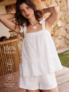Lullawish Cotton Bohemian Style Lace Patchwork Tie-Up Design Side Slit Solid Color Women Pajama Set - White - View 1