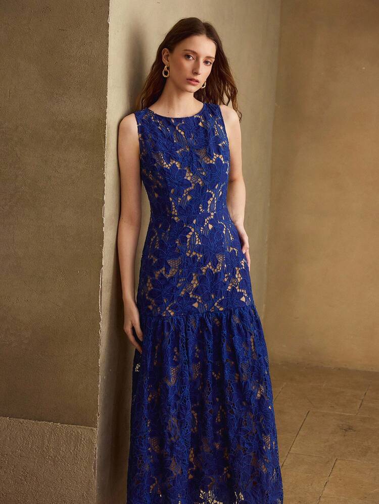 GUIPURE LACE ELEGANT ROMANTIC WATER-SOLUBLE FLOWY HEM DRESS IN NAVY BLUE, SUITABLE FOR SPRING/SUMMER OCCASIONS