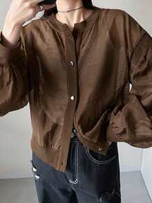 FRIFUL Women's Casual Loose Metal Button Decor Jacket, Versatile For Spring & Summer - Brown - View 5