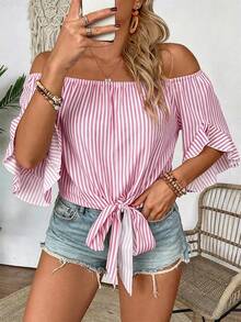 EMERY ROSE Camisa casual con hombros descubiertos y lazada, a rayas, talla grande - Rosa - Ver 5