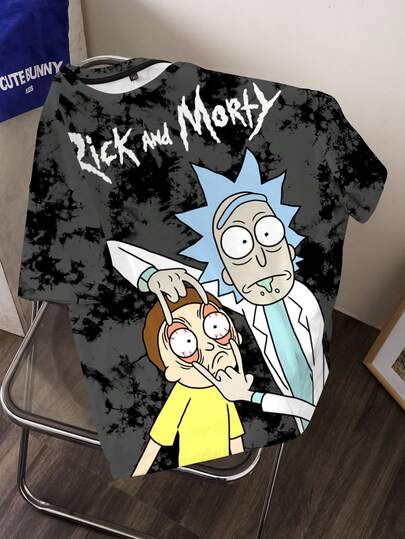 Rick and Morty X SHEIN Áo thun nữ cỡ lớn kiểu dáng thường ngày, in chữ và hình hoạt hình.
