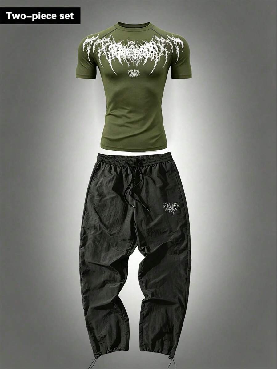 Gym Rark Men's Gothic Print T-Shirt And Long Pants Sports Set - Black - View 1