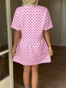 Vestido de verano para mujer, holgado, a rayas, con cuello de muñeca, informal, de manga corta, con lunares y de malla. - Rosa - Ver 2